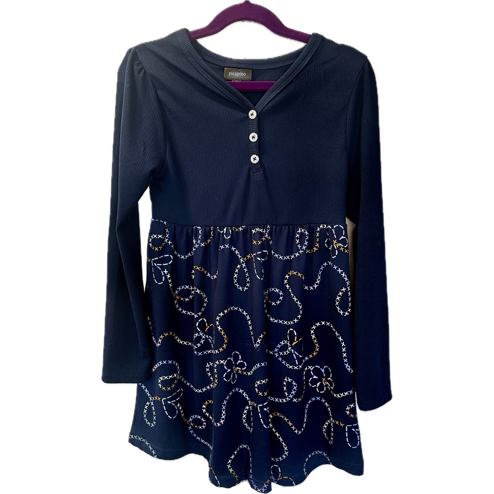 Picapino Girls Navy Blue Ribbed Henley Long Sleeve Dress Cross Stitch Print
